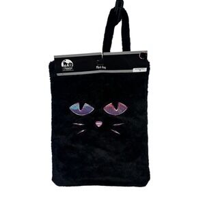 Black Plush Cat Tote Bag Iridescent Eyes Halloween 16x12 Seasonal Holiday